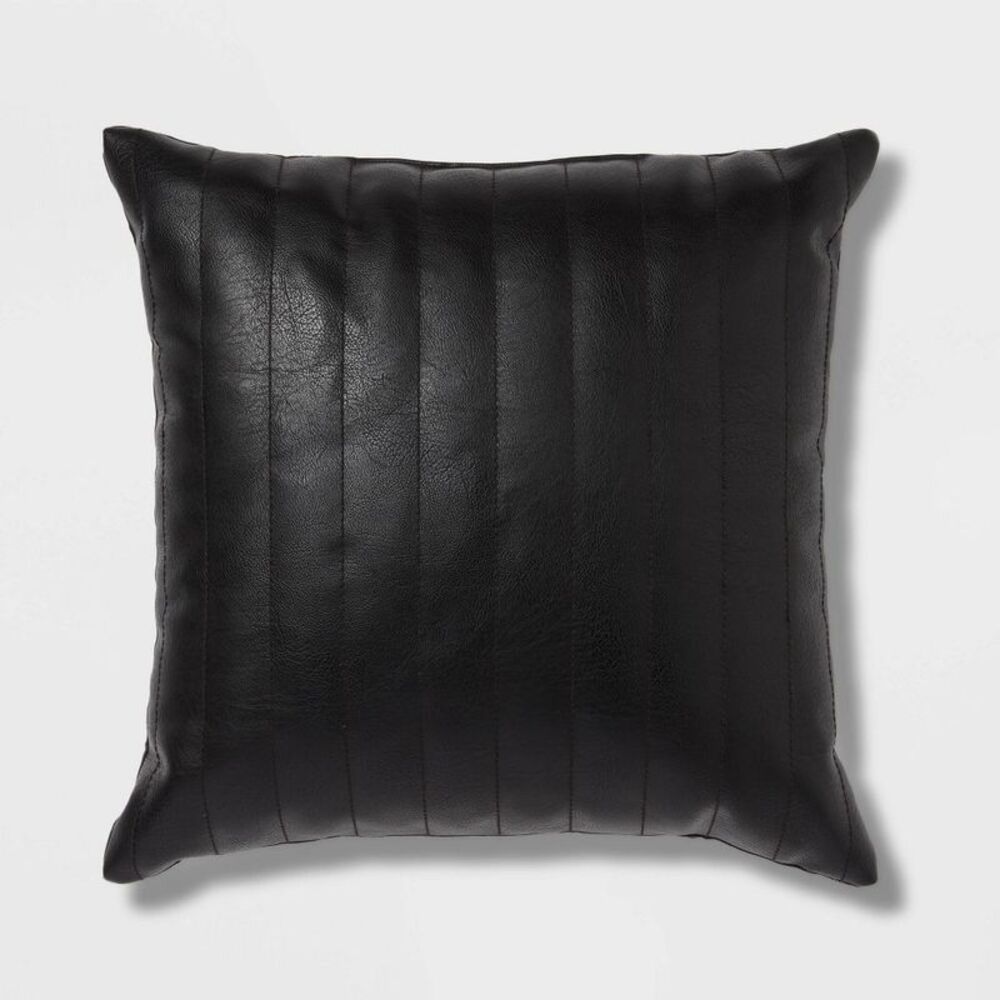 Square Faux Leather Channel Stitch Decorative Throw Pillow Black - Threshold